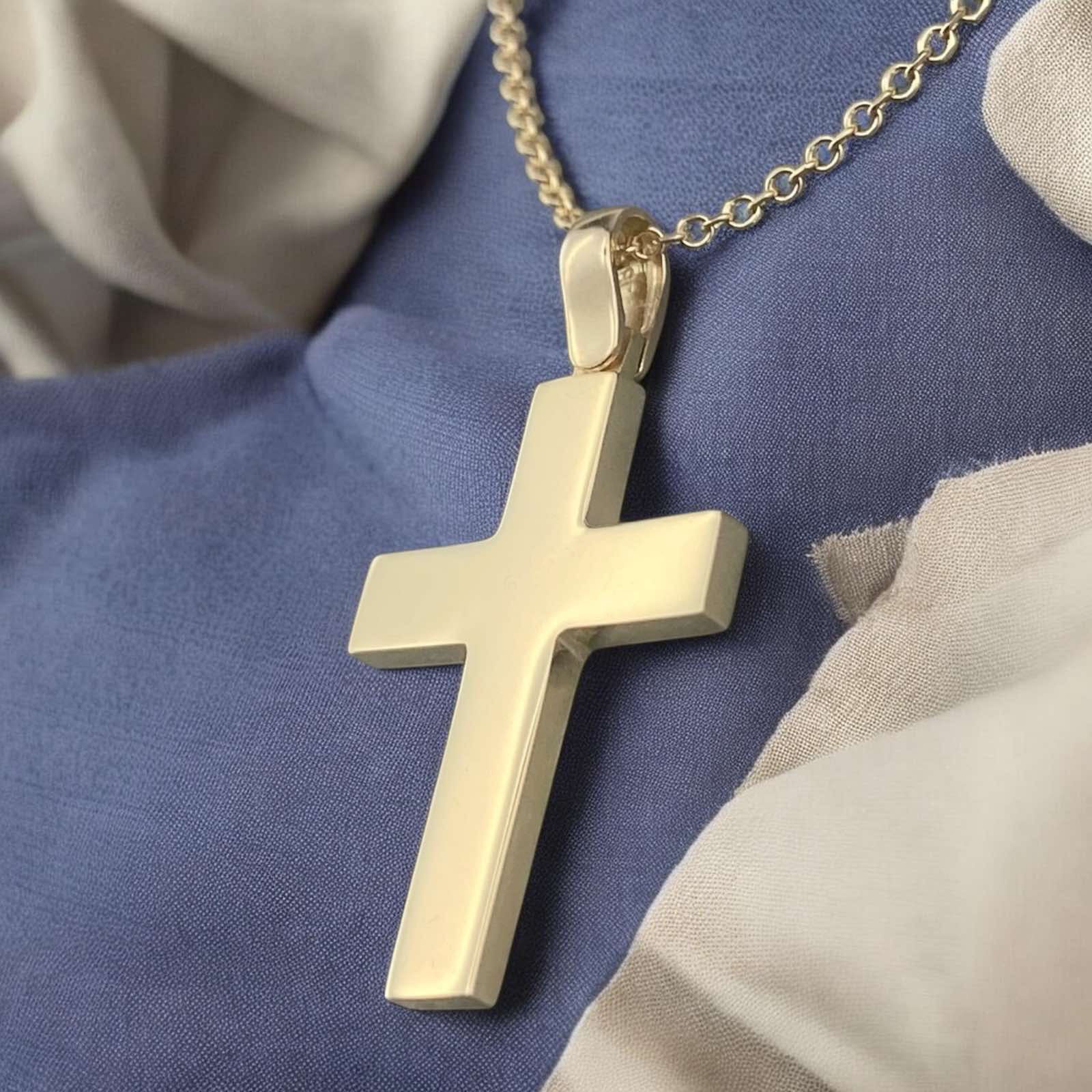 A 14K yellow gold men's cross pendant with a clean, polished high-shine finish.