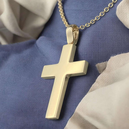 A 14K yellow gold men's cross pendant with a clean, polished high-shine finish.