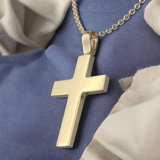 A 14K yellow gold men's cross pendant with a clean, polished high-shine finish.