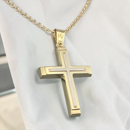 A 14K yellow gold men's cross pendant featuring a detailed white gold cross inlay centered in the design.