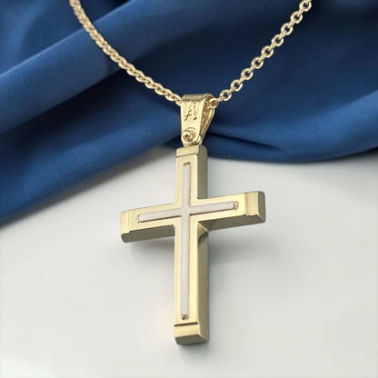 A 14K yellow gold men's cross pendant featuring a detailed white gold cross inlay centered in the design.