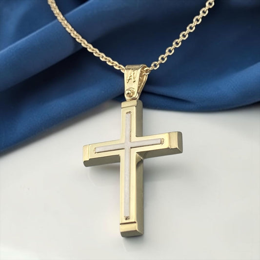 A 14K yellow gold men's cross pendant featuring a detailed white gold cross inlay centered in the design.