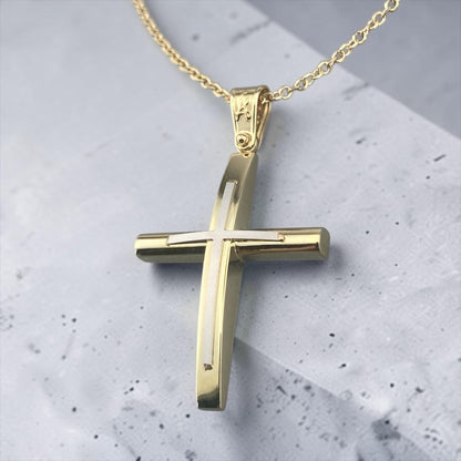 A 14K yellow gold men's cross pendant featuring a prominent white gold cross inlay centered on the design.