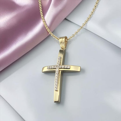 14K yellow gold cross pendant with white zirconia stones and a polished modern design