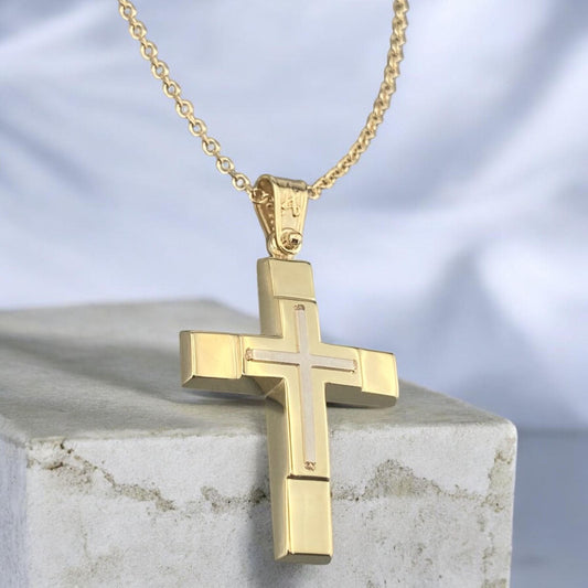 14K yellow and white gold men's cross pendant featuring a white gold inlaid cross and polished finish