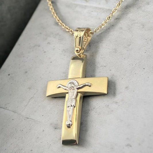 14K yellow and white gold men's cross pendant featuring a matte horizontal bar, polished vertical bar and white gold crucifix