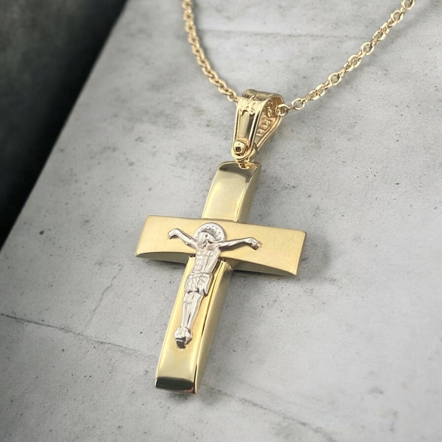 14K yellow and white gold men's cross pendant featuring a matte horizontal bar, polished vertical bar and white gold crucifix