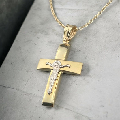 14K yellow and white gold men's cross pendant featuring a matte horizontal bar, polished vertical bar and white gold crucifix