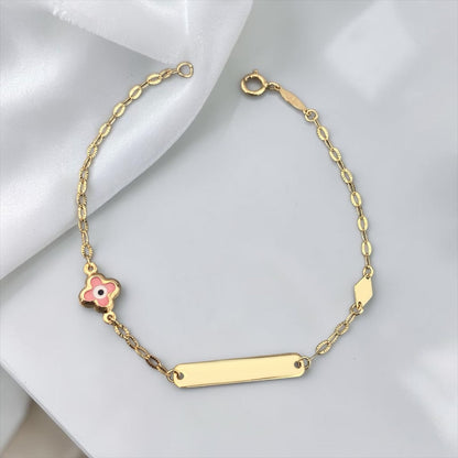 Children's 9k yellow gold ID bracelet featuring a clover-shaped pink eye charm, elegant baby jewelry.