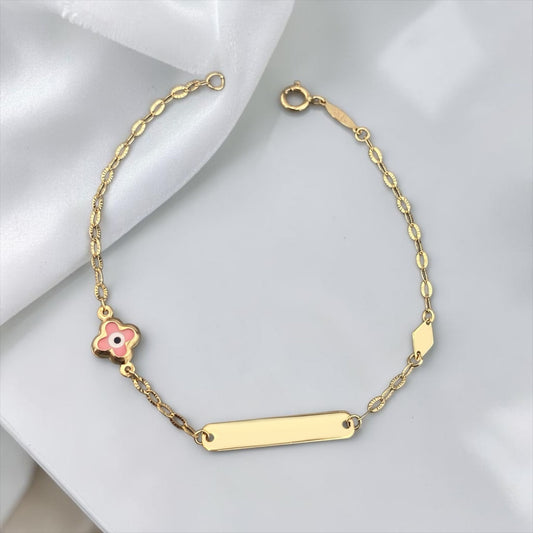 Children's 9k yellow gold ID bracelet featuring a clover-shaped pink eye charm, elegant baby jewelry.