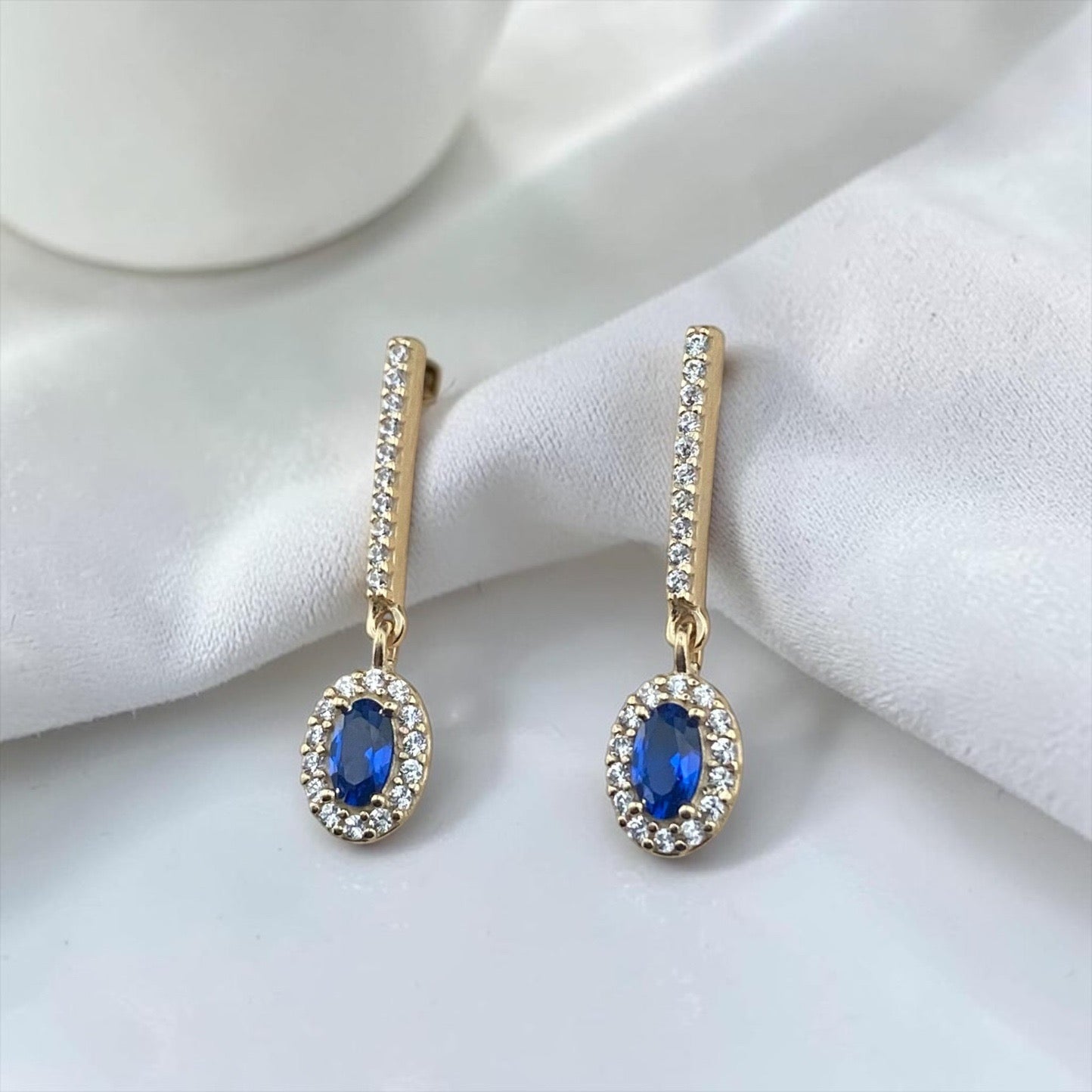 9k Yellow Gold Drop Earrings with Oval Stone and Crystal Bar