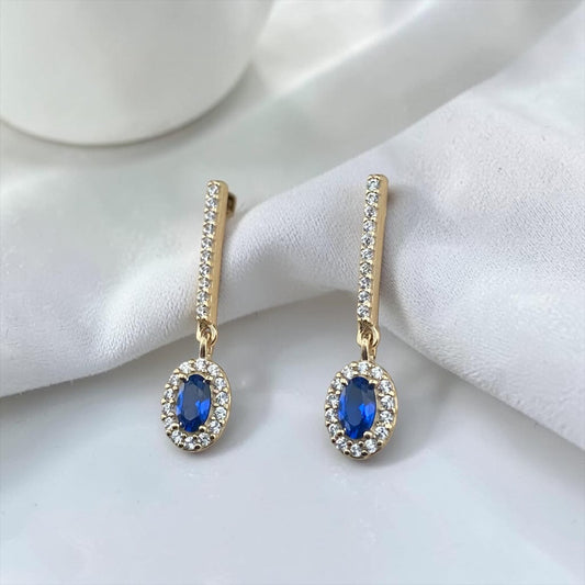 9k Yellow Gold Drop Earrings with Oval Stone and Crystal Bar