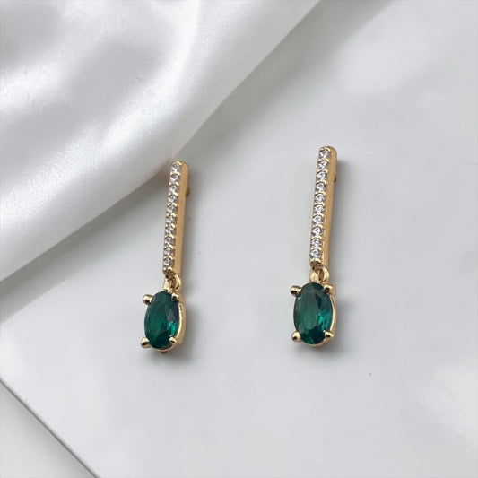 9k Yellow Gold Drop Earrings with Green Oval Stone and Bar