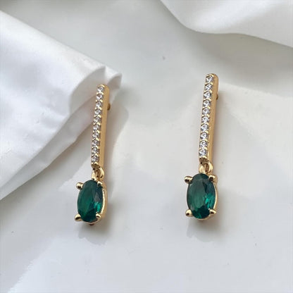 9k Yellow Gold Drop Earrings with Green Oval Stone and Bar