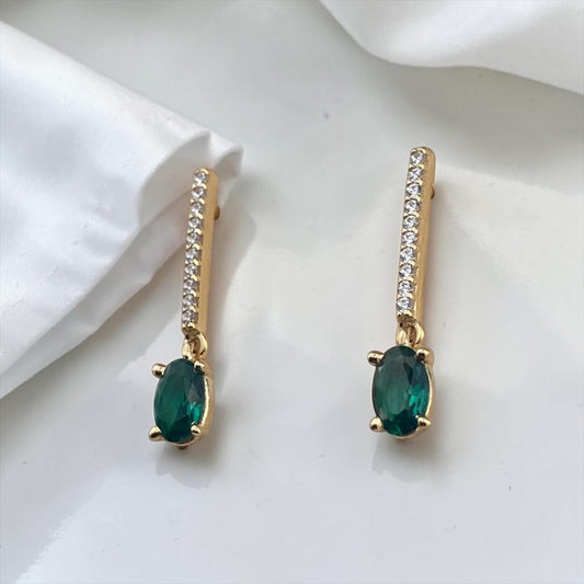 9k Yellow Gold Drop Earrings with Green Oval Stone and Bar