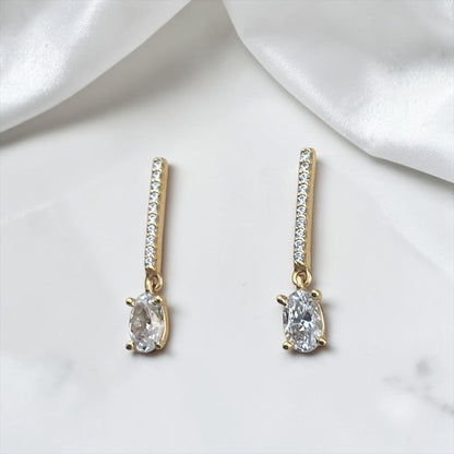 9k Yellow Gold Drop Earrings with Stone and Crystal Bar