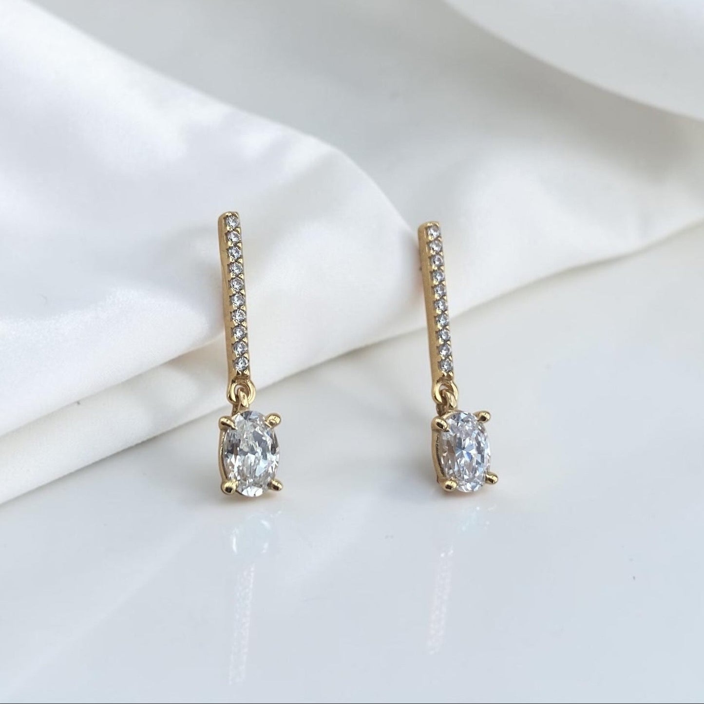 9k Yellow Gold Drop Earrings with Stone and Crystal Bar