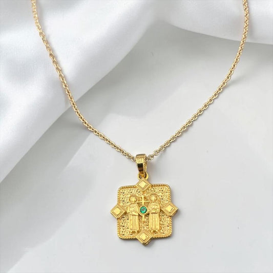 Double Sided 14k Gold Religious Pendant with Stones